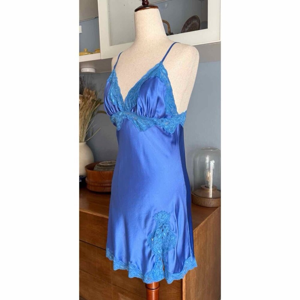 VTG Mary Green Silk Y2K Coquette Fairy Lace Trim Chemise Slip Dress M Blue - Picture 2 of 8